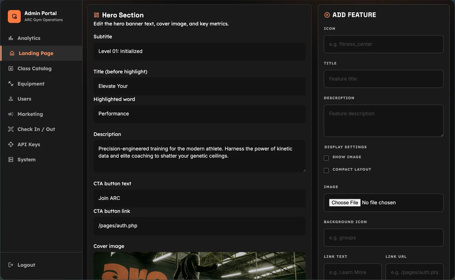 ARC Gym landing-page administration interface