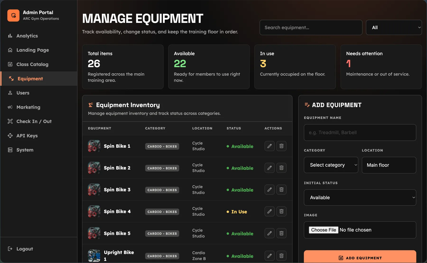ARC Gym equipment administration interface