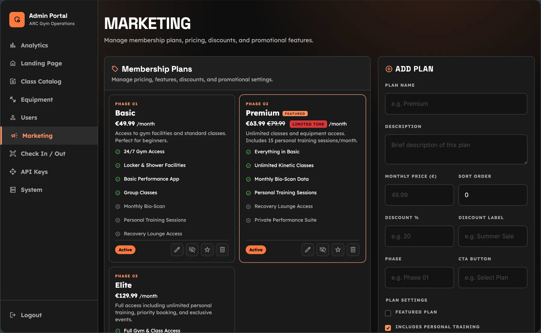 ARC Gym membership plan administration interface