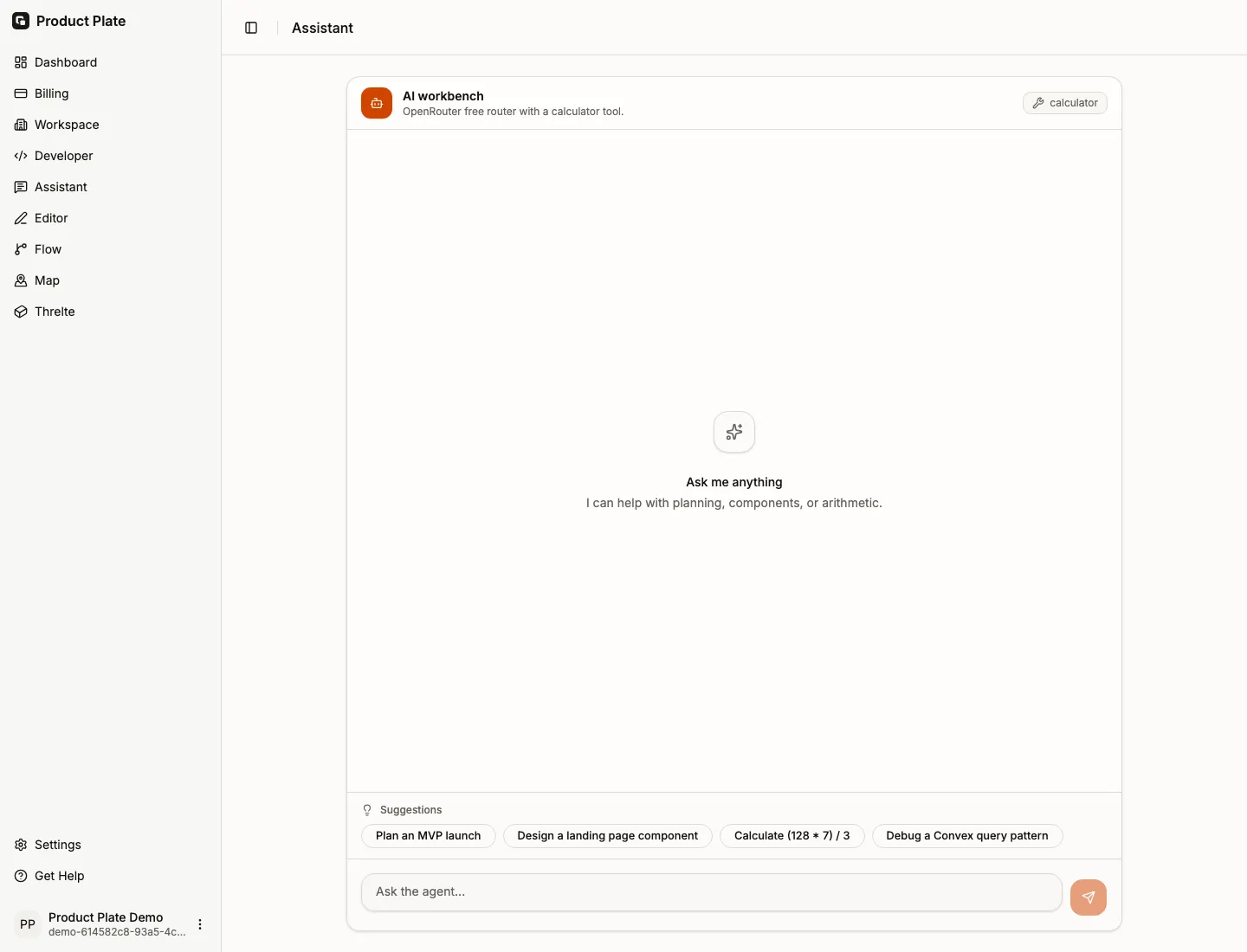 Product Plate streaming AI assistant workspace
