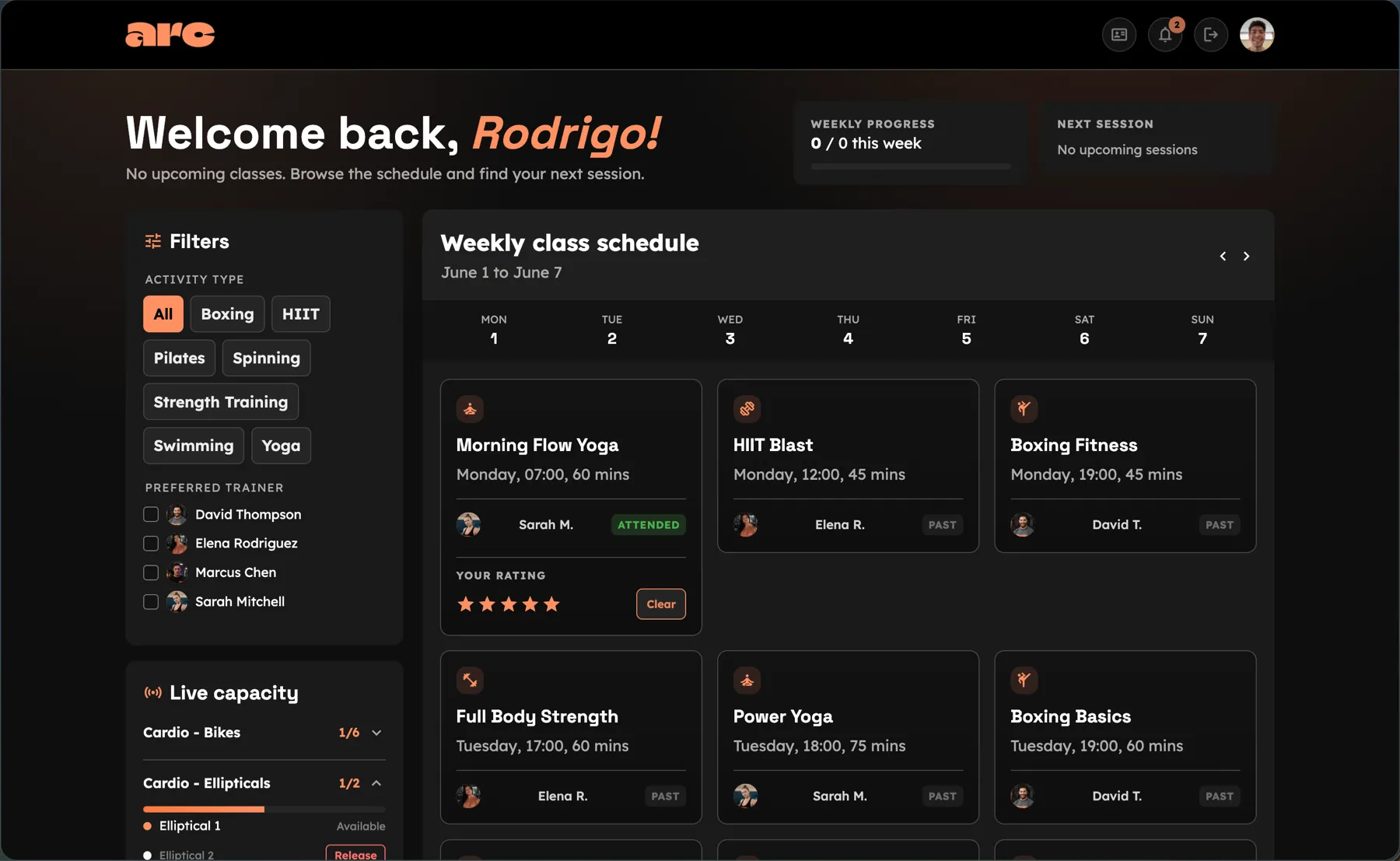 ARC Gym member dashboard and weekly class schedule