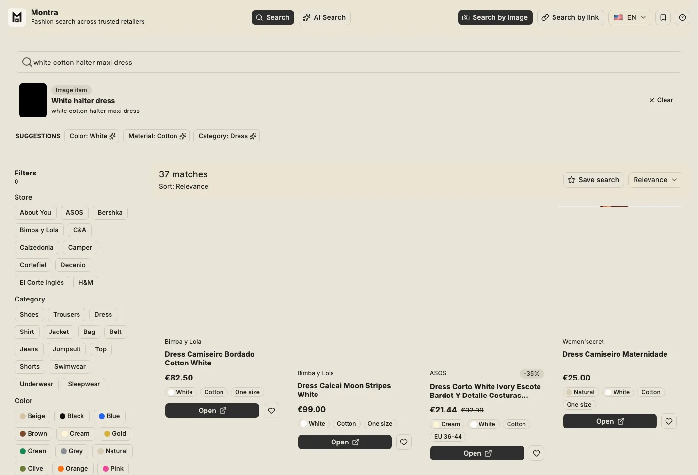Montra image search with suggested attributes, filters, and matching fashion products