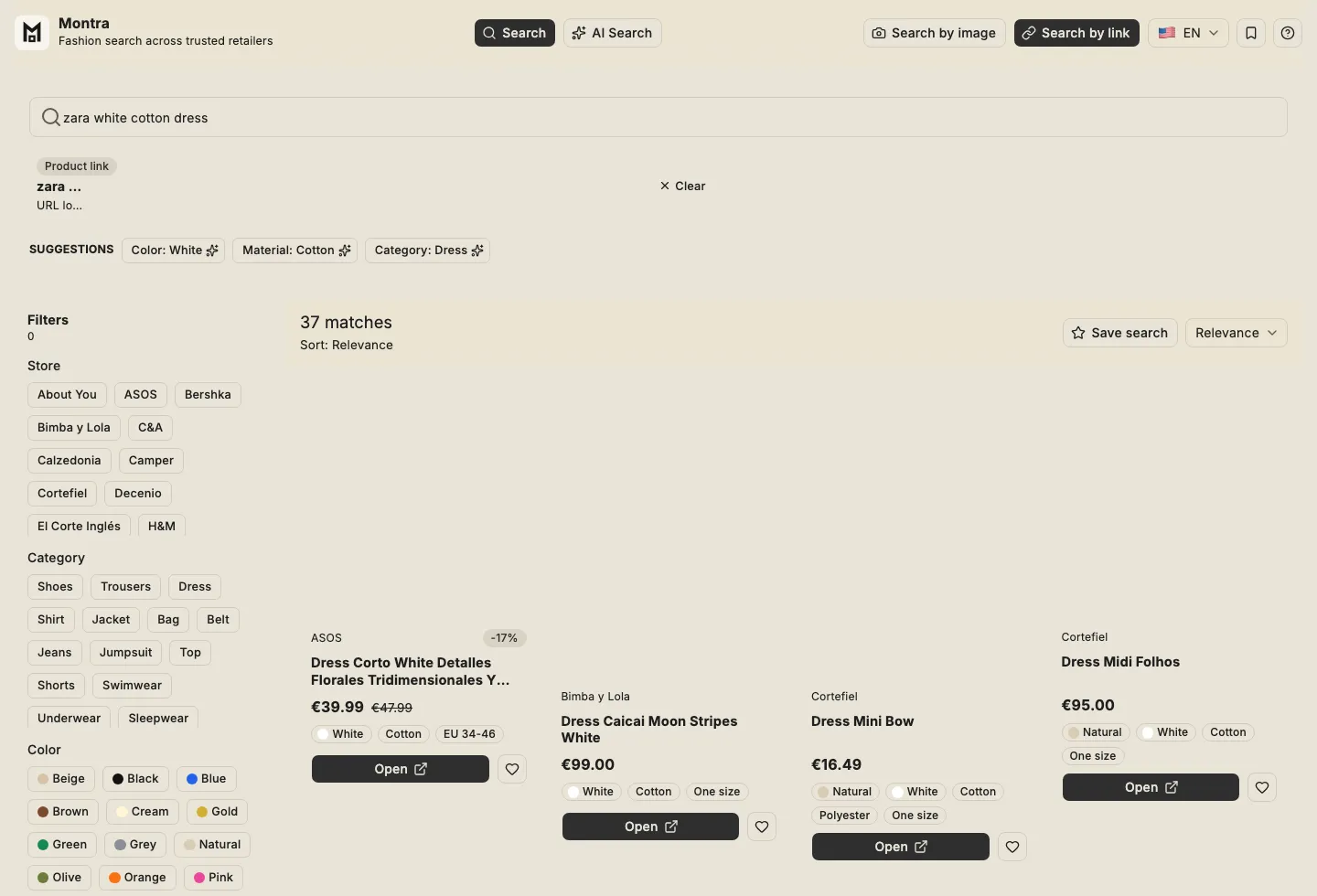 Montra product-link search with interpreted attributes and matching products across retailers