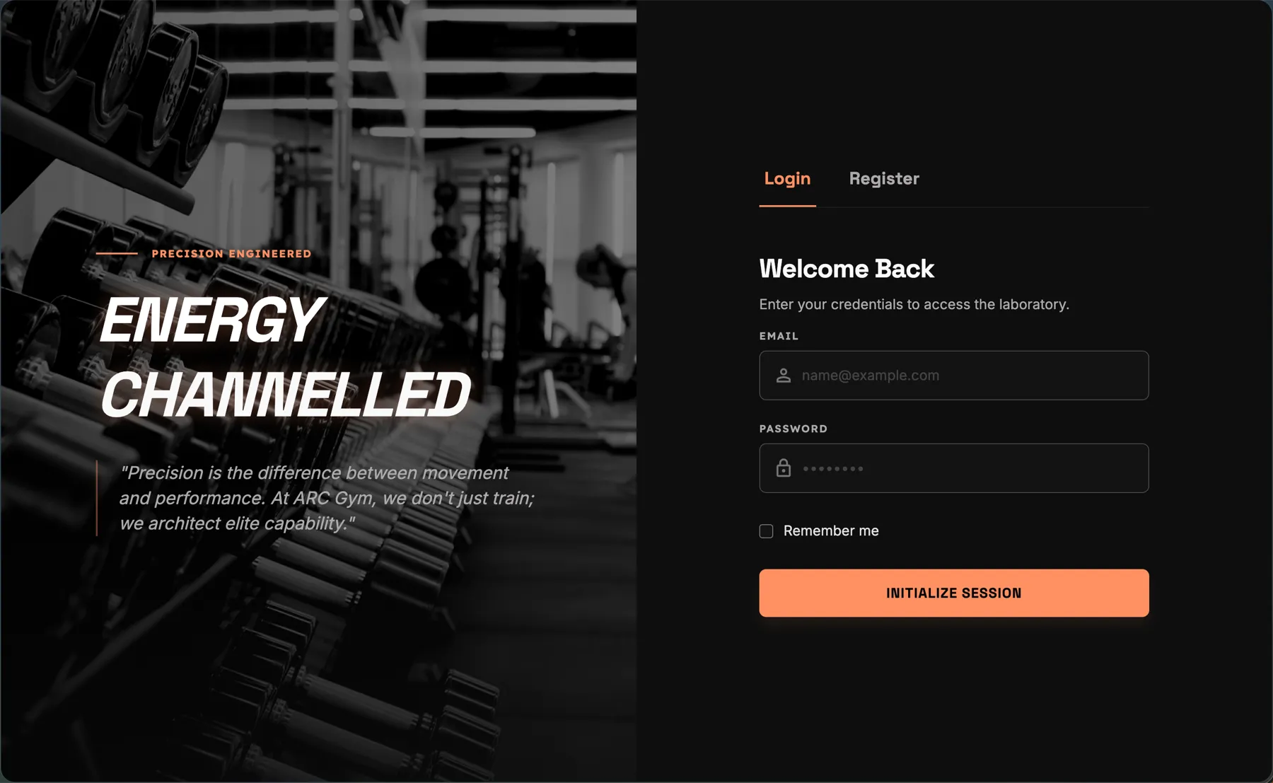 ARC Gym login and registration page