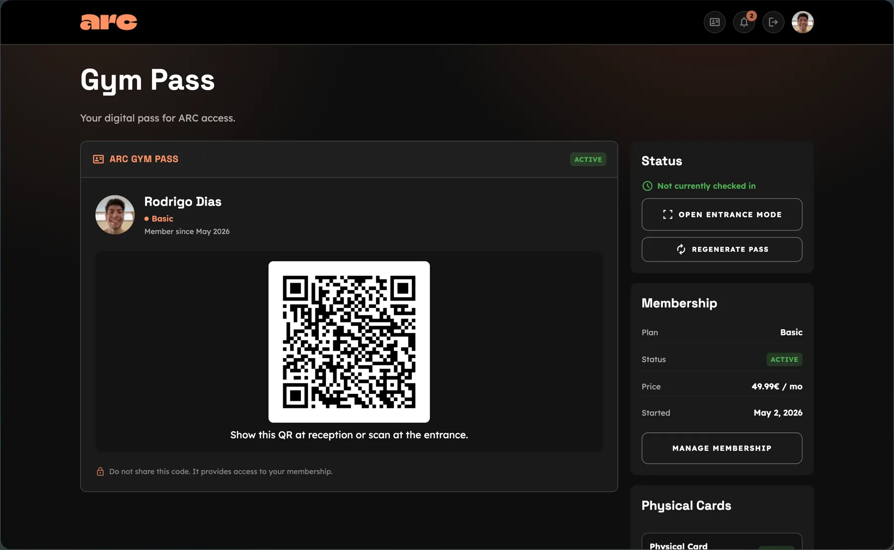 ARC Gym digital QR membership pass