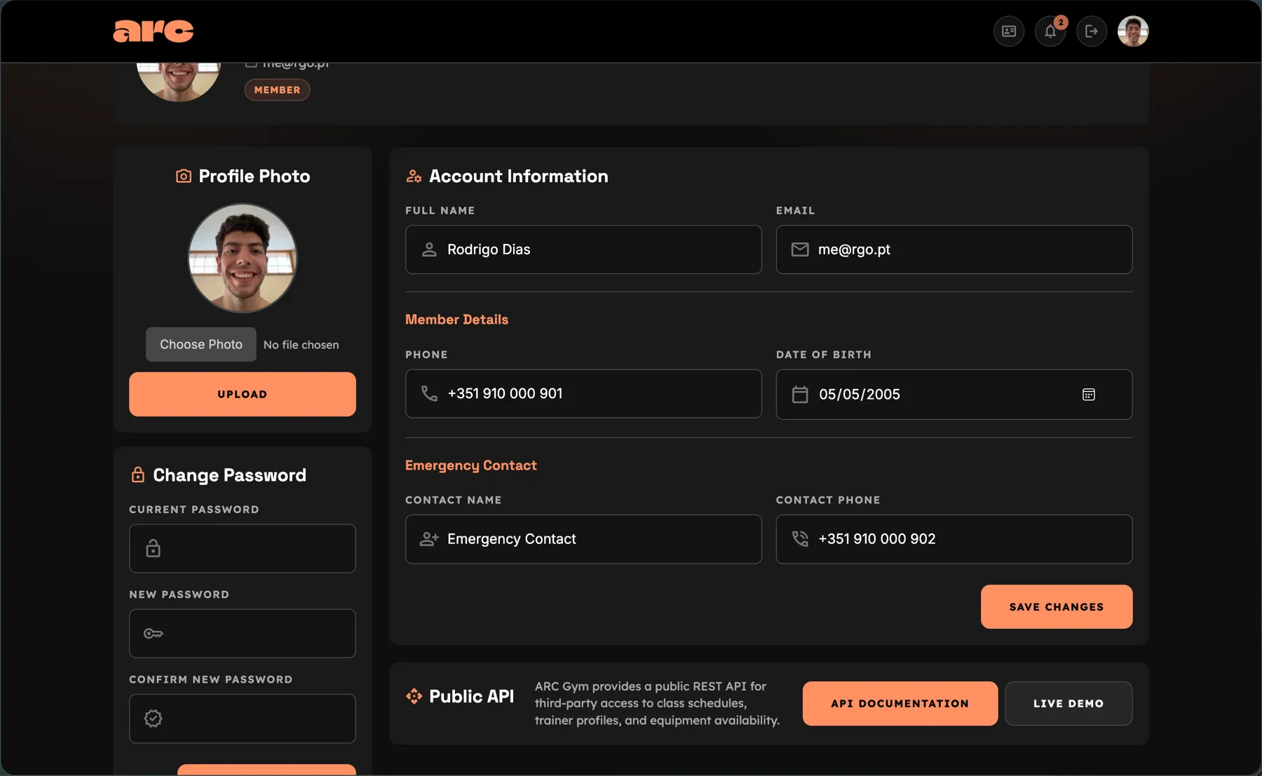 ARC Gym member profile and account controls