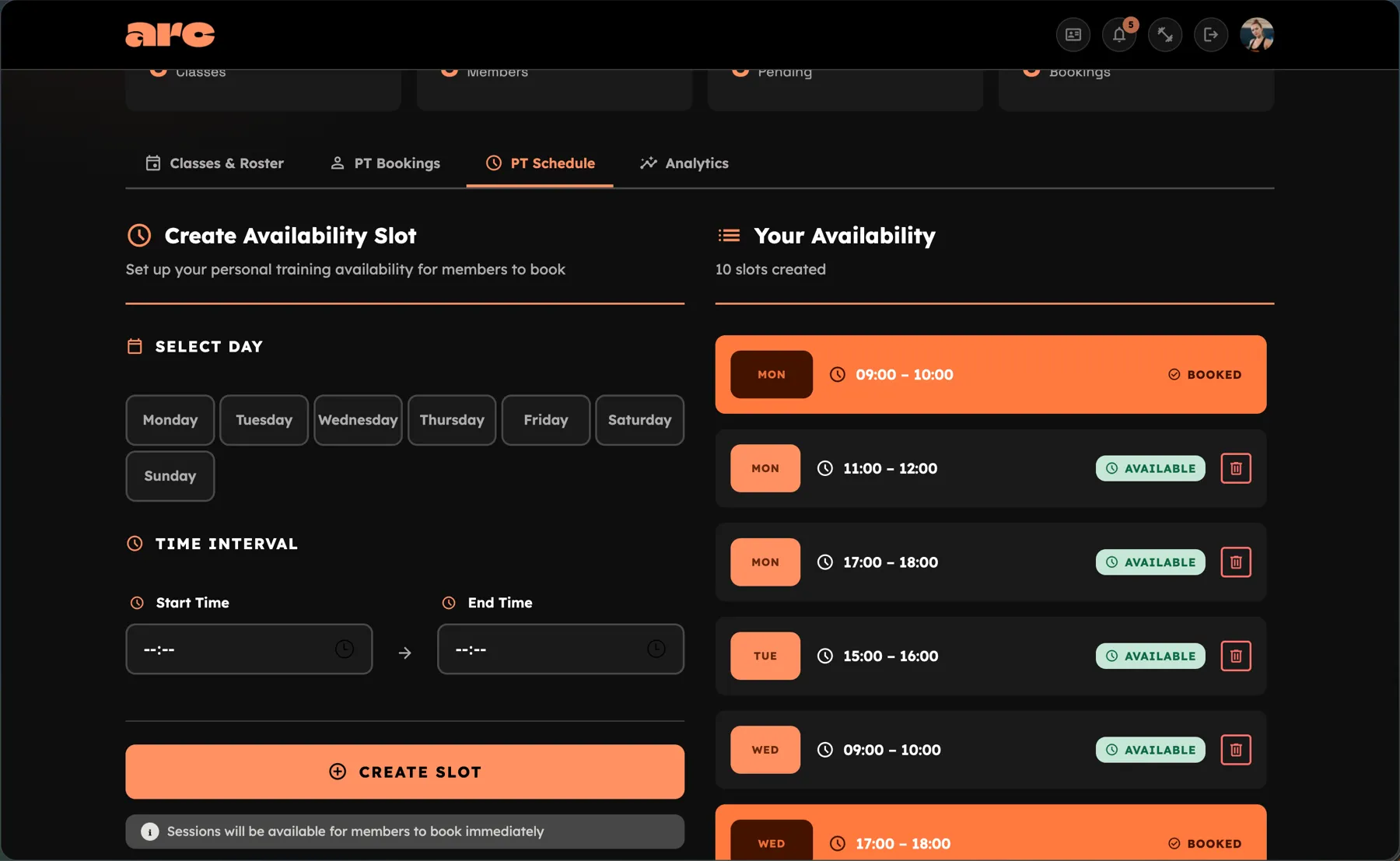 ARC Gym trainer schedule dashboard